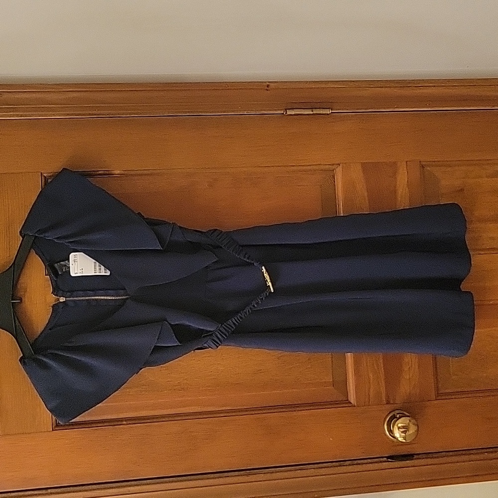 Navy Blue H&M Dress with Gold Belt and Zipper Size 6